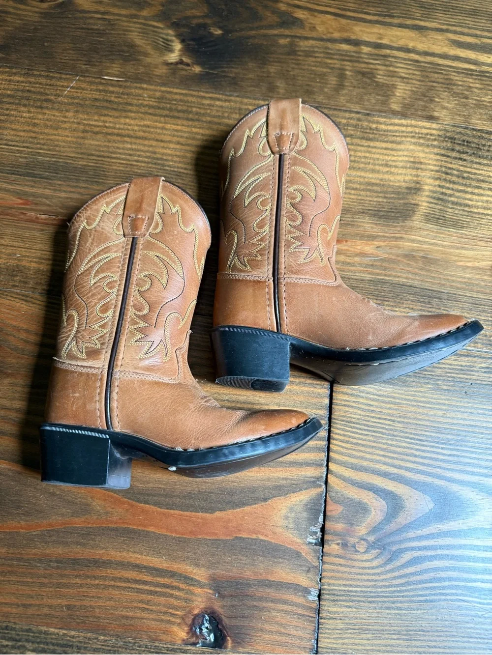 Old West Brown Kids Cowboy Boots with Embroidered Stitching